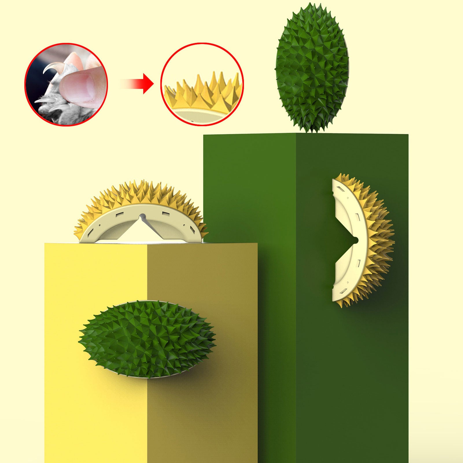 Durian Cat Brush, Cat Self Groomer, Wall Corner Scratcher Massage Combs Durian Shape Molars Eat Slowly Toys Multifunctional Scratch Massager Tool Pets Clean Teeth Healthy Toys